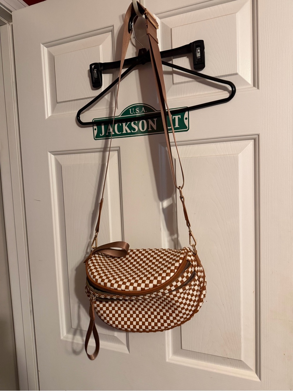 Source Unknown Brown & White Woven Check Crossbody Bag
